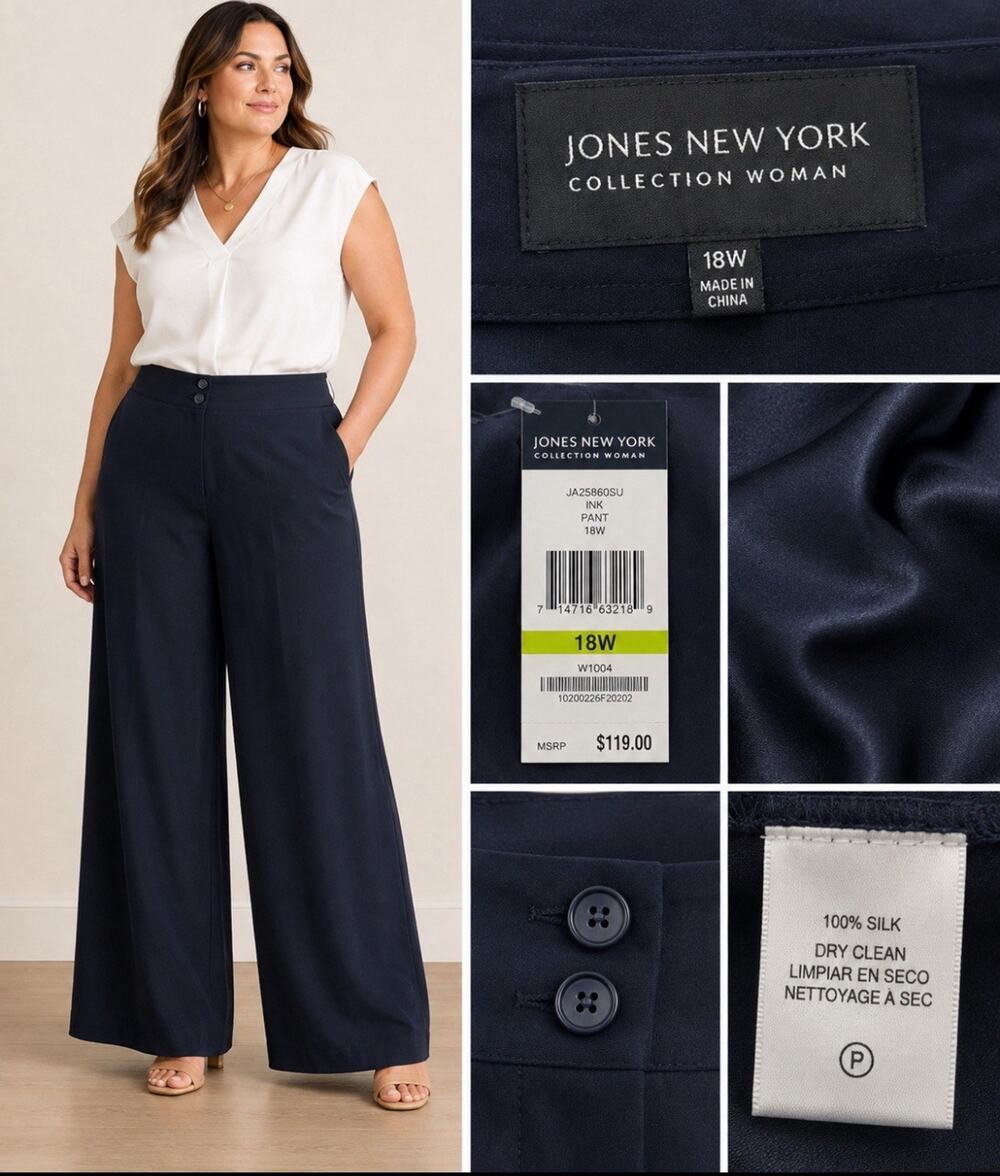 NWT Business Casual Jones New York Women's Wide Leg Silk Trousers Size 18W Navy